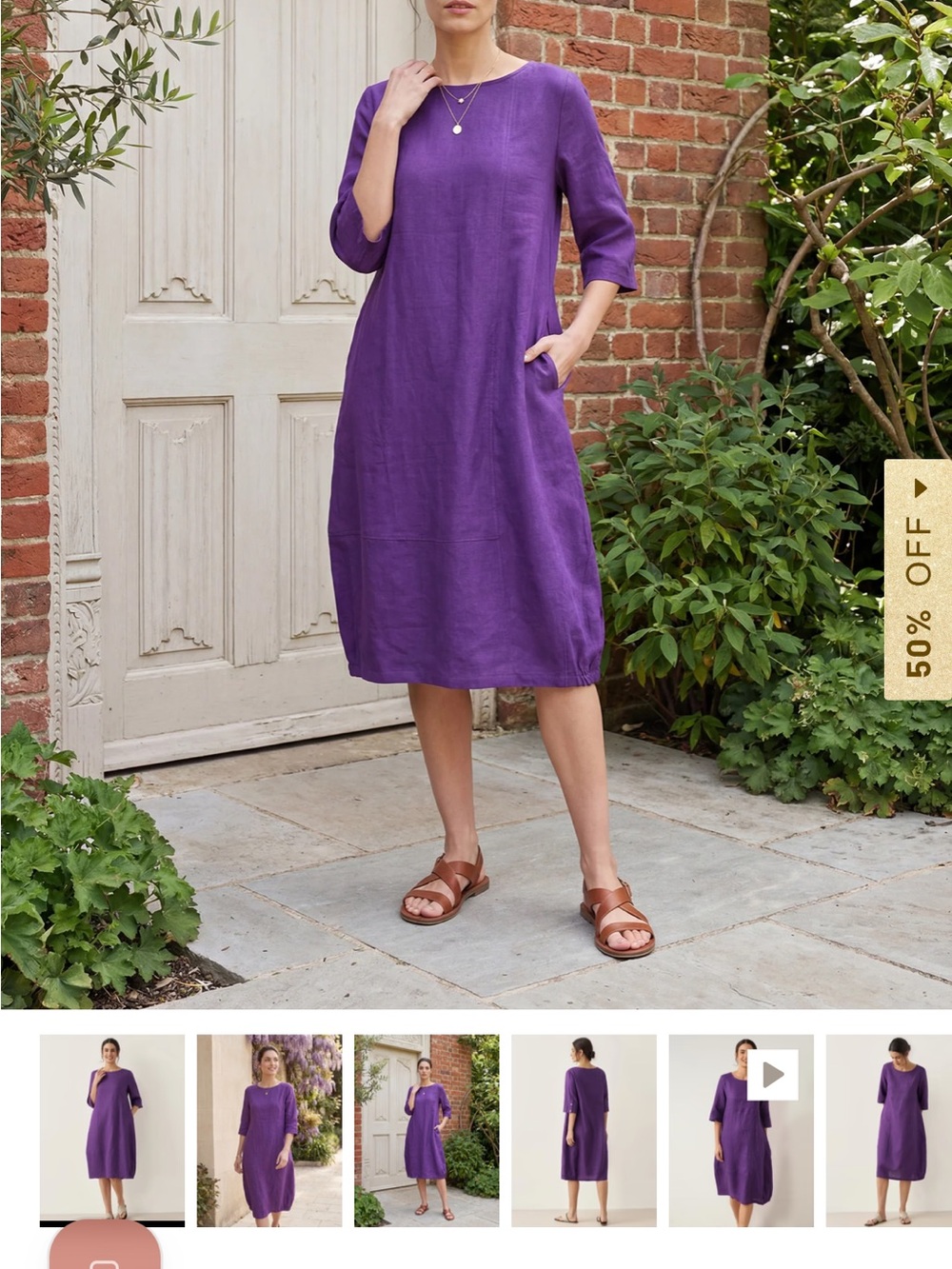 Relaxed Purple Linen Midi Dress with Pocket Detail